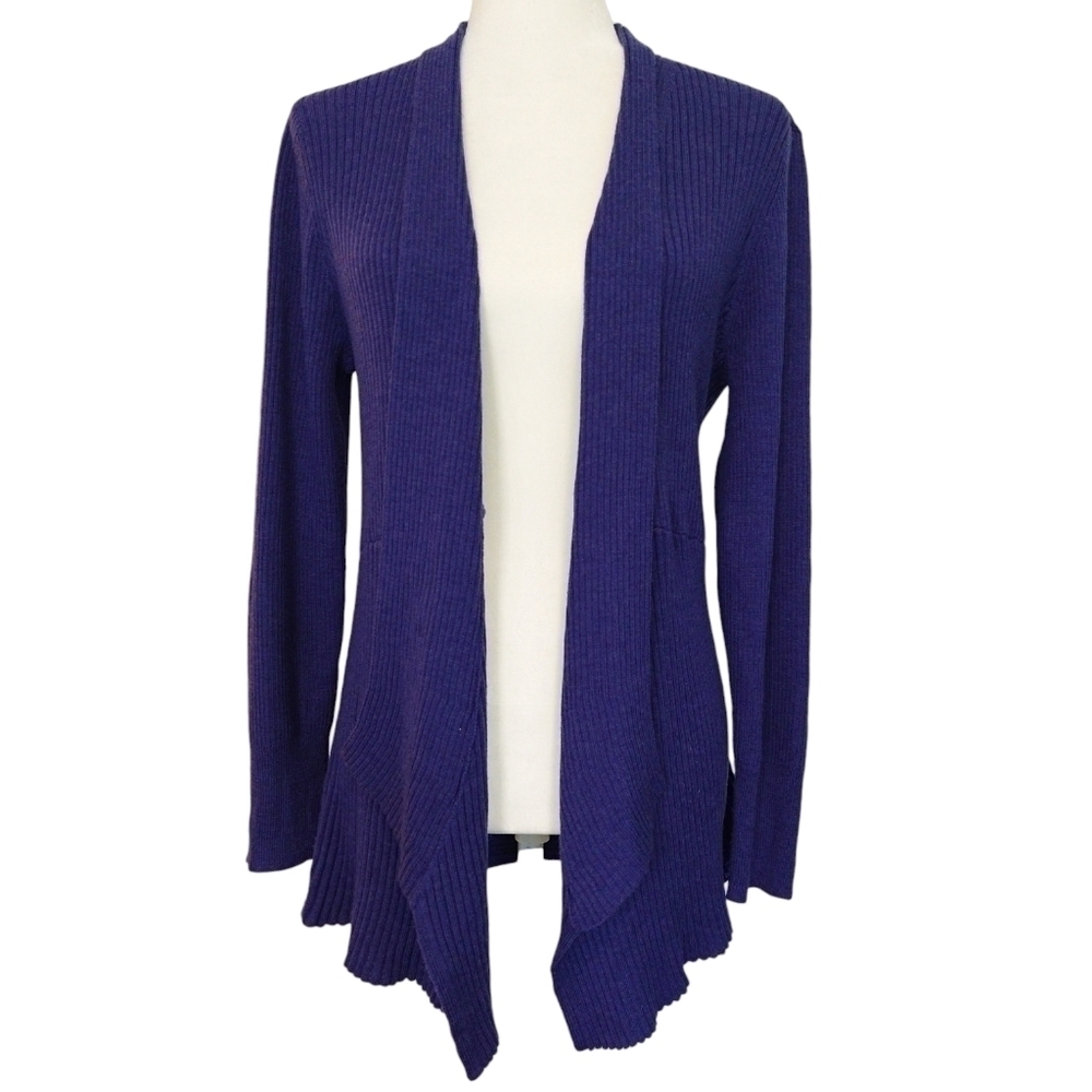 Eileen Fisher 100% Merino Wool Blue Violet Open Drape Front Cardigan Cozy Warm